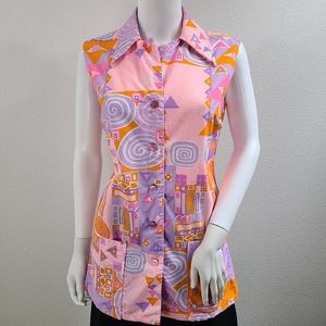 Vintage 60s-70s pink, purple & orange abstract print sleeveless button u…